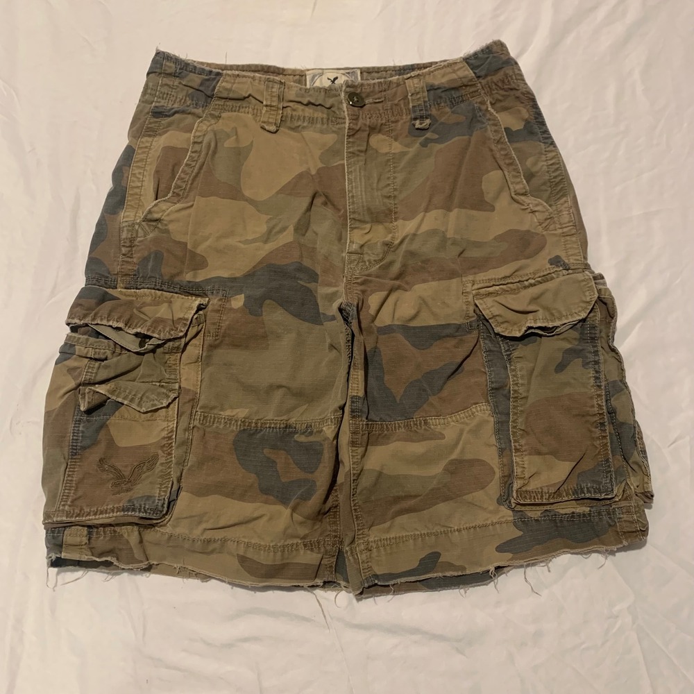 American Eagle Mens Camo Cargo Shorts Ripstop Raw Hem Woodland Camouflage 31